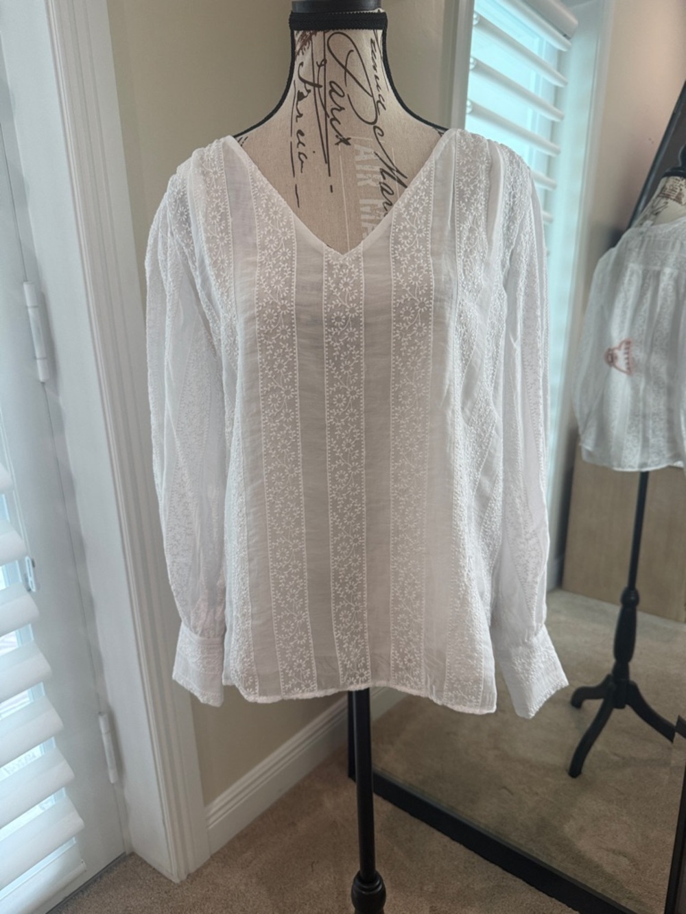 Ann Taylor White V-Neck Lace-Striped Blouse